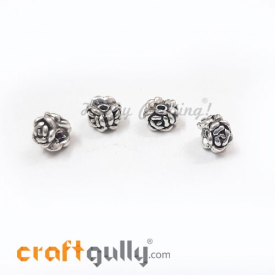 German Silver Beads 6mm - Rose 3 Sided Silver Finish - 4 Beads