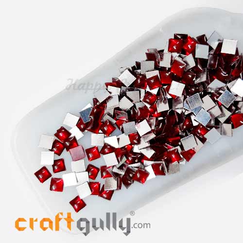 Kundan Stones 5mm Square - Red With Silver Back - 10gms