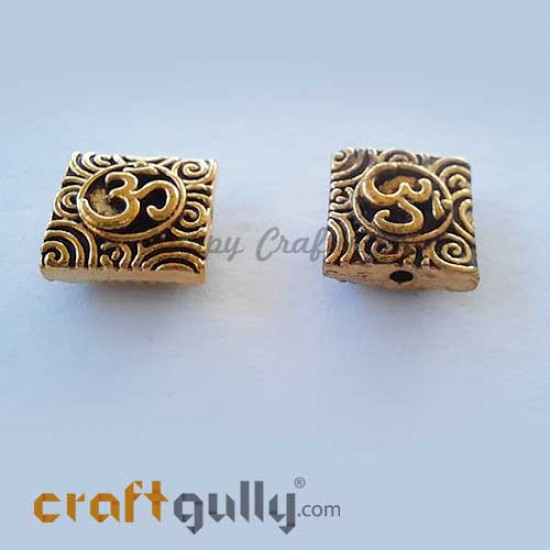German Silver Beads 11mm - Square OM - Golden Plating - Pack of 2