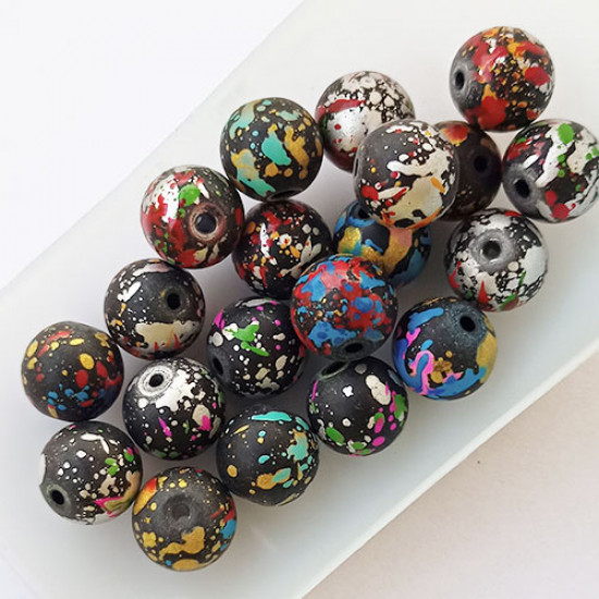 Glass Beads 12.5mm Round - Black With Splatters - 20 Beads