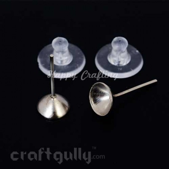 Earring Studs 6mm - Cup With Stoppers - Silver - 10 pairs