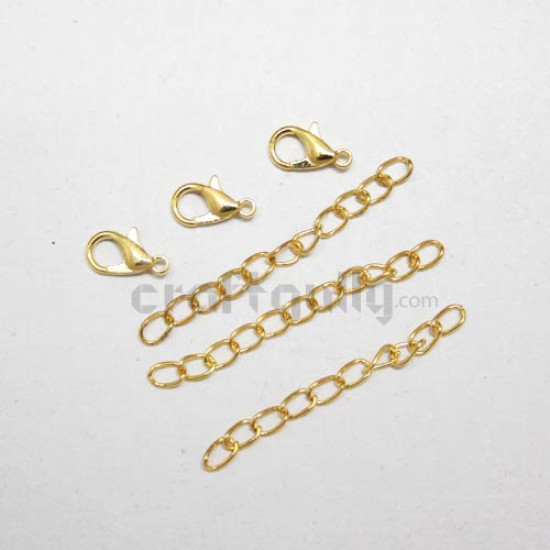 Clasps - Lobster Claw With Chain  - Golden - 3 Sets