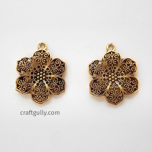 Metal Charms 28mm Flower #23 - Antique Golden - 4 Charms