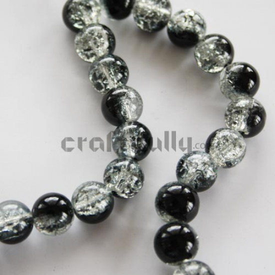 Glass Beads 10mm - Crackle - Black & Clear (String of 40)