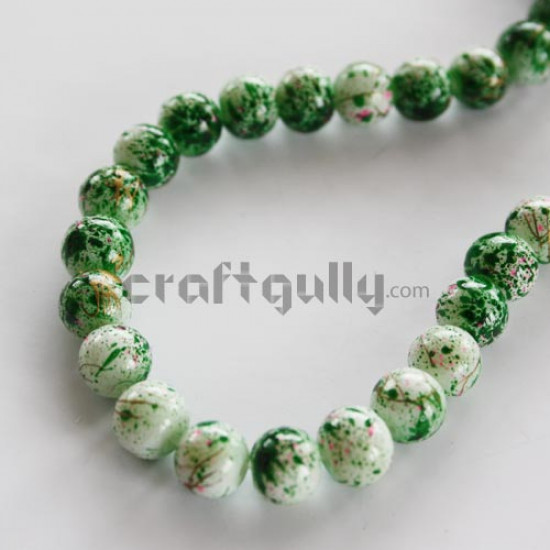 Glass Beads 8mm - Mottled - Green & White - (String of 50)