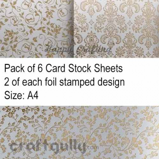 CardStock A4 - Metallic Foil Stamped - White & Gold - Pack of 6